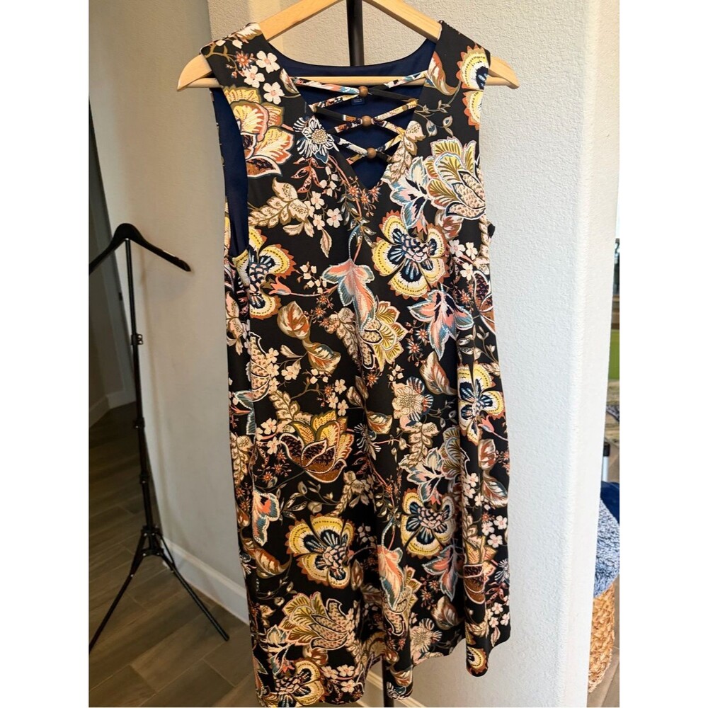 Apt 9  Black Floral Lace-Up Midi Dress with Multi-Color Print M